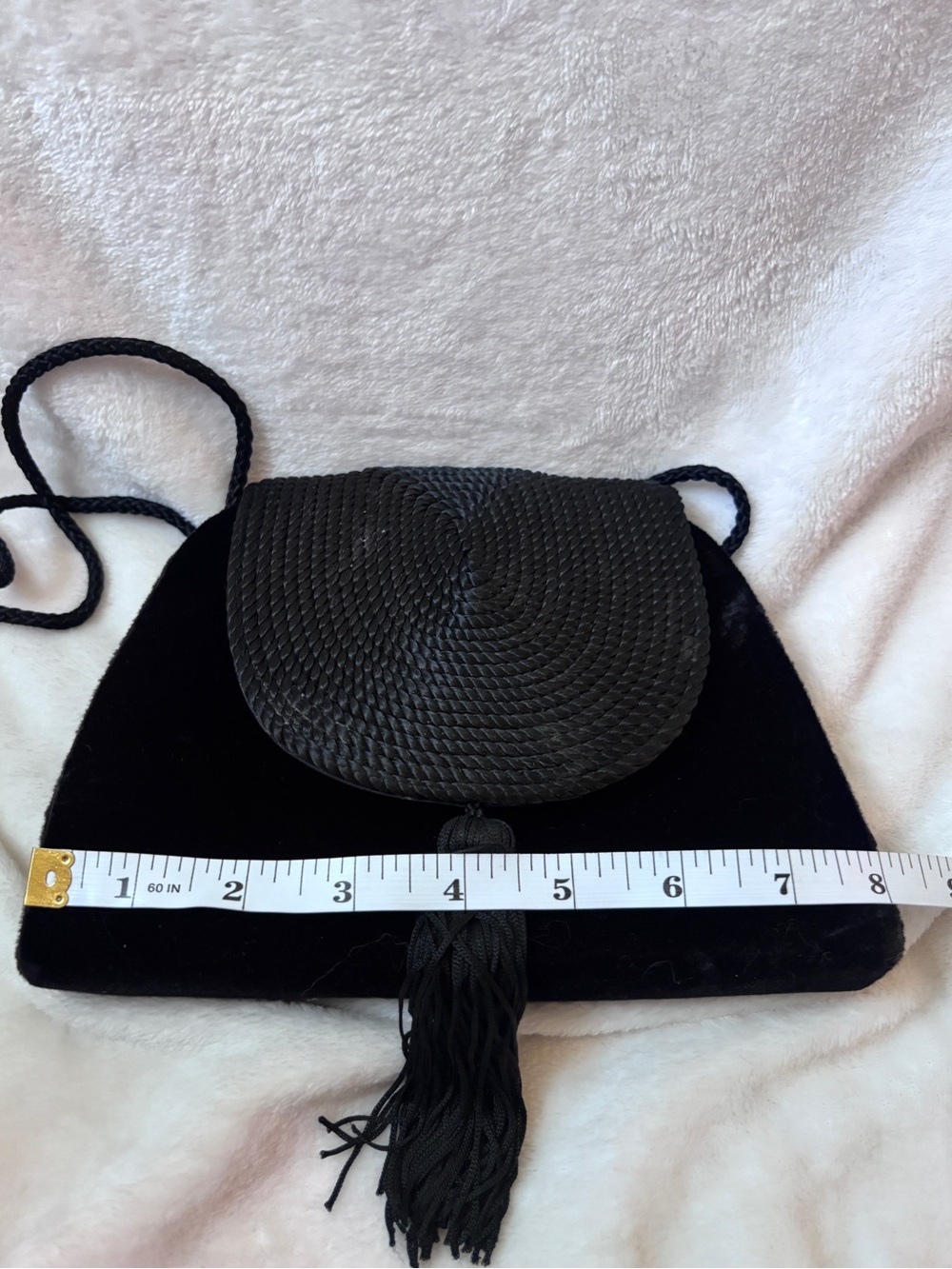Vintage Black Velvet & Woven Tassel Crossbody Evening Bag Boho Purse - Picture 6 of 7